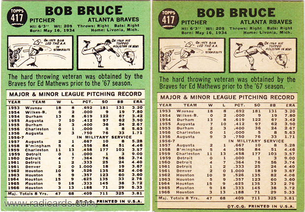 Bob Bruce 1967 Topps #417 Variation Comparison