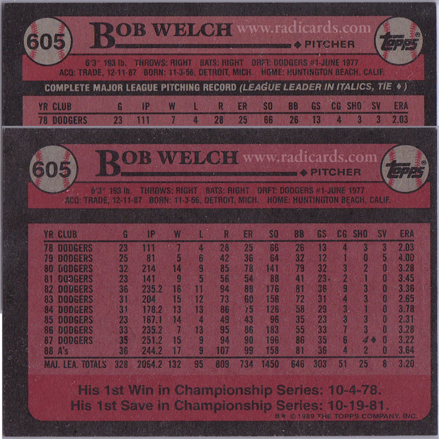 Bob Welch 1989 Topps #605 Variation Comparison