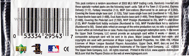 2003 Upper Deck MVP Baseball Hobby Pack