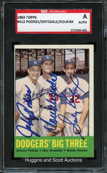 1963 Topps #412 Signed by: Johnny Podres, Don Drysdale, and Sandy Koufax
