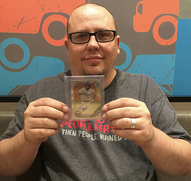 Steve Bybee holding the Wander Franco 2019 Bowman Chrome Prospect #CPA-WF Autographs Superfractor /1