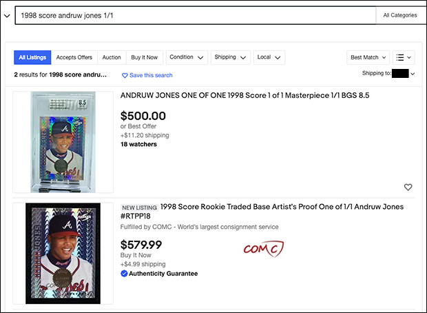 Andruw Jones 1998 Score Rookie Traded #RTPP18 Showcase Series Artist's Proof 1 of 1s