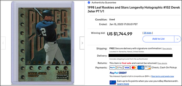 Derek Jeter 1998 Leaf Rookies and Stars #152 Longevity Holographic | Auction 3