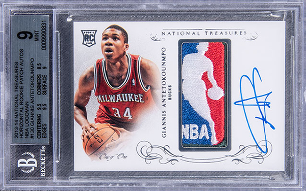 Giannis Antetokounmpo 2013-14 Panini National Treasures #130 Horizontal Rookie Patch Autographs NBA Logoman /1 BGS 9