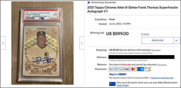 Frank Thomas 2021 Topps Allen and Ginter Chrome Autographs #AGA-FT Superfractor /1 | First eBay Listing