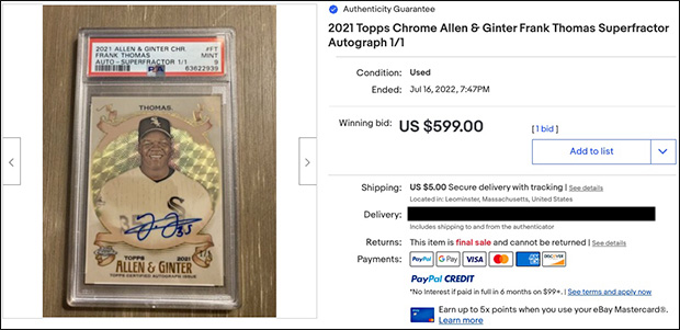 Frank Thomas 2021 Topps Allen and Ginter Chrome Autographs #AGA-FT Superfractor /1 | 1st eBay Listing