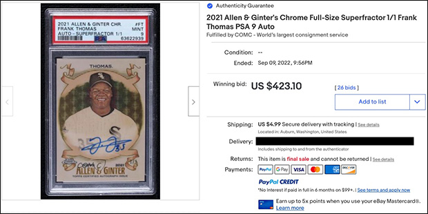 Frank Thomas 2021 Topps Allen and Ginter Chrome Autographs #AGA-FT Superfractor /1 | Second eBay Listing