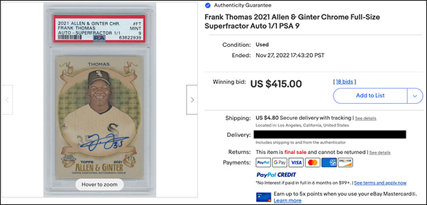 Frank Thomas 2021 Topps Allen and Ginter Chrome Autographs #AGA-FT Superfractor /1 | 4th eBay Listing