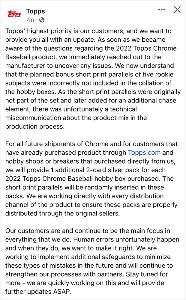 Topps' Statement about 2022 Topps Chrome Baseball Hobby Boxes