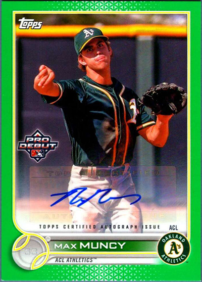 Max Muncy 2022 Topps Pro Debut #PD-41 Autographs Green /99 (Wrong Muncy AU Sticker)