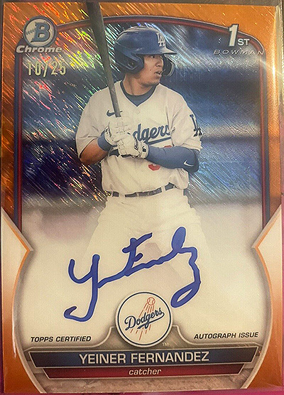 Yeiner Fernandez 2023 Bowman Chrome Prospect Autographs #CPA-YF Orange Shimmer Refractor /25