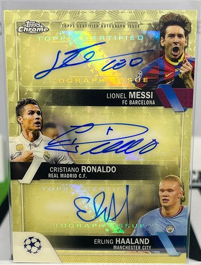 C.Ronaldo/E.Haaland/L.Messi 2022-23 Topps Chrome UEFA Club Competitions Triple Autographs #TAMRH Superfractor /1