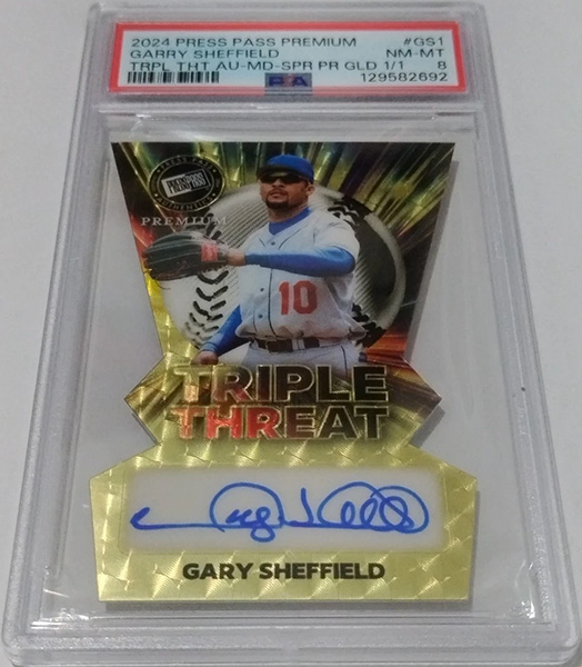 Gary Sheffield 2024 Press Pass Premium Triple Threat Middle Autographs #TTM-GS1 Super Prismatic Gold /1