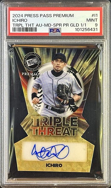 Ichiro 2024 Press Pass Premium Triple Threat Middle Autographs #TTM-I1 Super Prismatic Gold /1